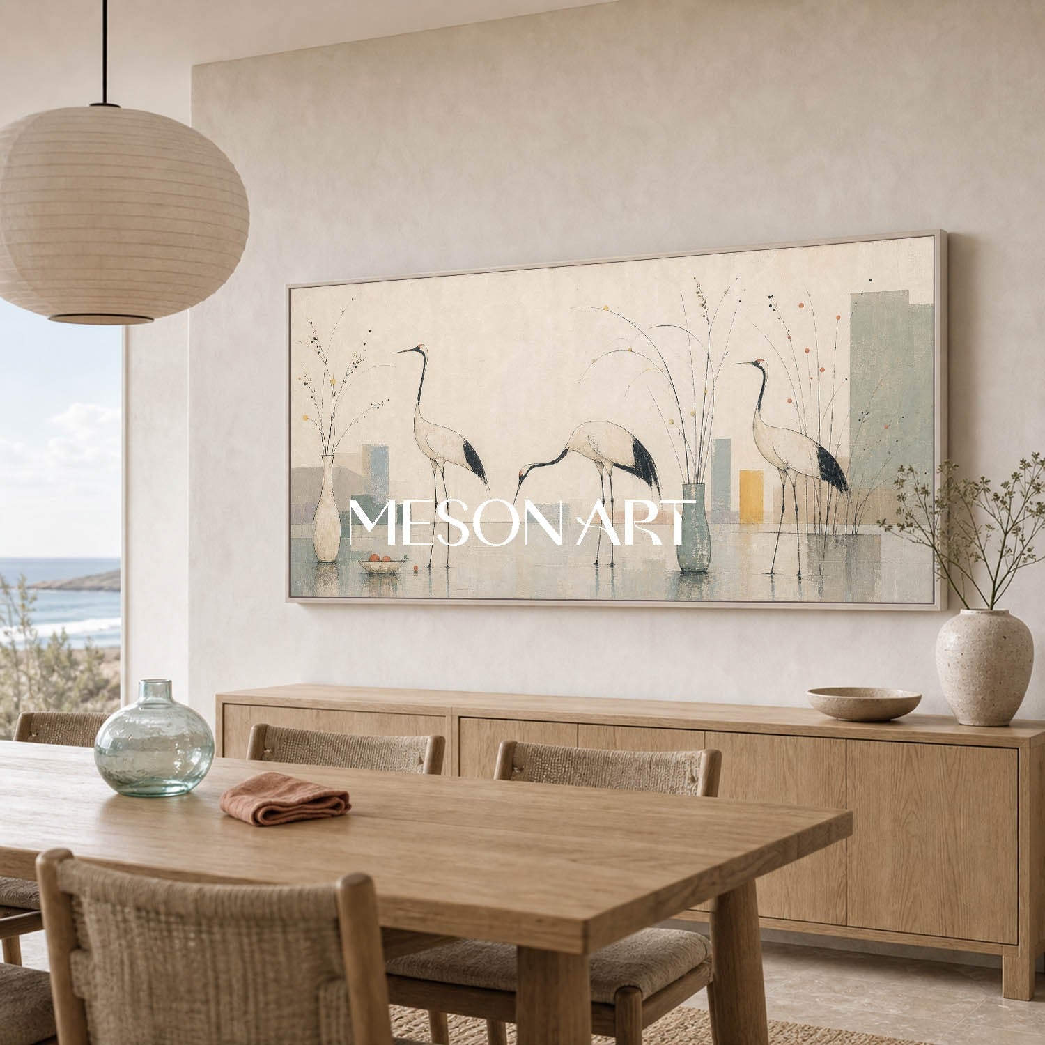 Large Minimalist Crane Wall Art With Still Life For Modern Living Room Decor