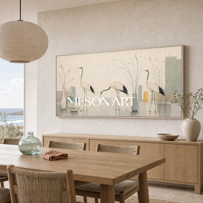 Large Minimalist Crane Wall Art With Still Life For Modern Living Room Decor