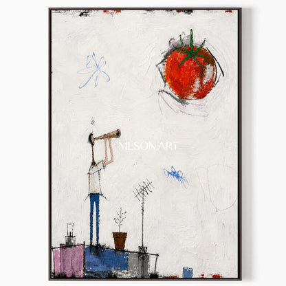 Red And White Graffiti Figurative Art Minimal Tomato Telescope Rectangular Wall Decor By Mesonart