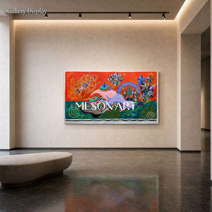 Vibrant Surrealist Painting With Orange And Green Tones For Modern Living Room Wall Art