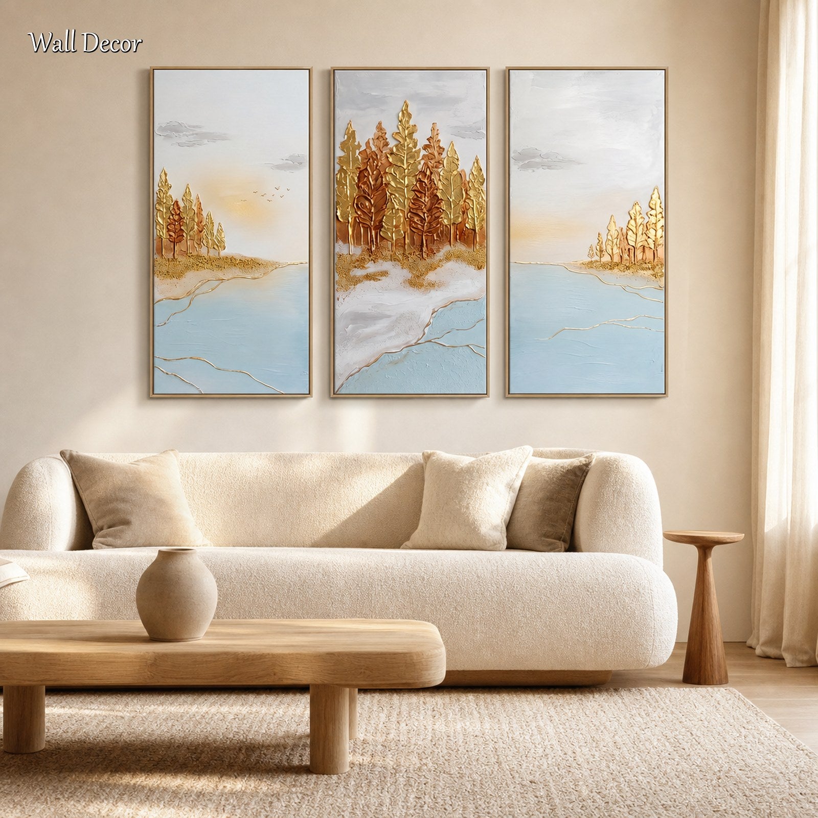 Grande trittico Art Déco “Gold Blue Lake Forest” con dettagli metallici, ideale per il soggiorno