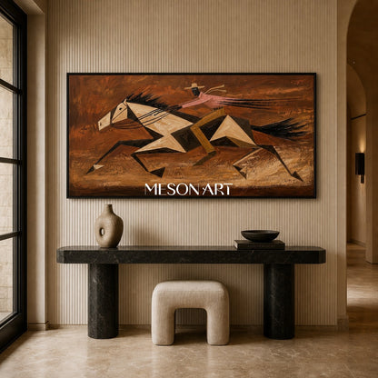 Abstract Geometric Horse Racing Painting With Textured Relief For Modern Living Room Decor