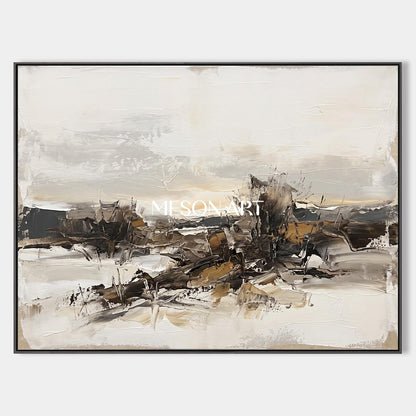 Quadro astratto raffigurante un paesaggio, nei toni del beige e del nero, di forma rettangolare, con cornice neutra, realizzato da Mesonart