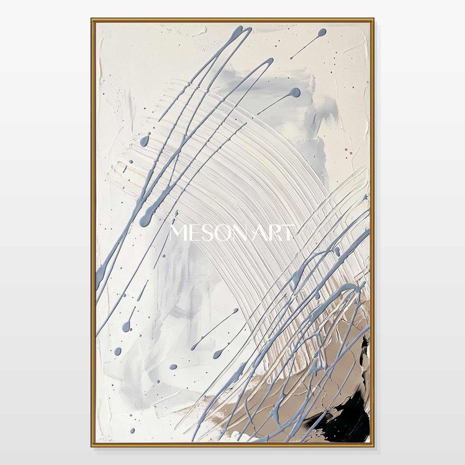 White And Gray Jackson Pollock Inspired Abstract Expressionism Rectangular Painting Wall Art For Living Room By Mesonart