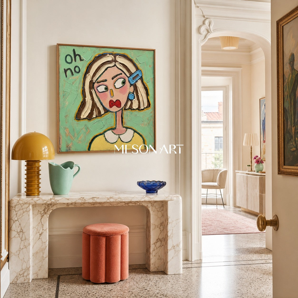 Colorful Pop Art Cartoon Portrait Painting With Textured Green Background For Modern Living Room Decor