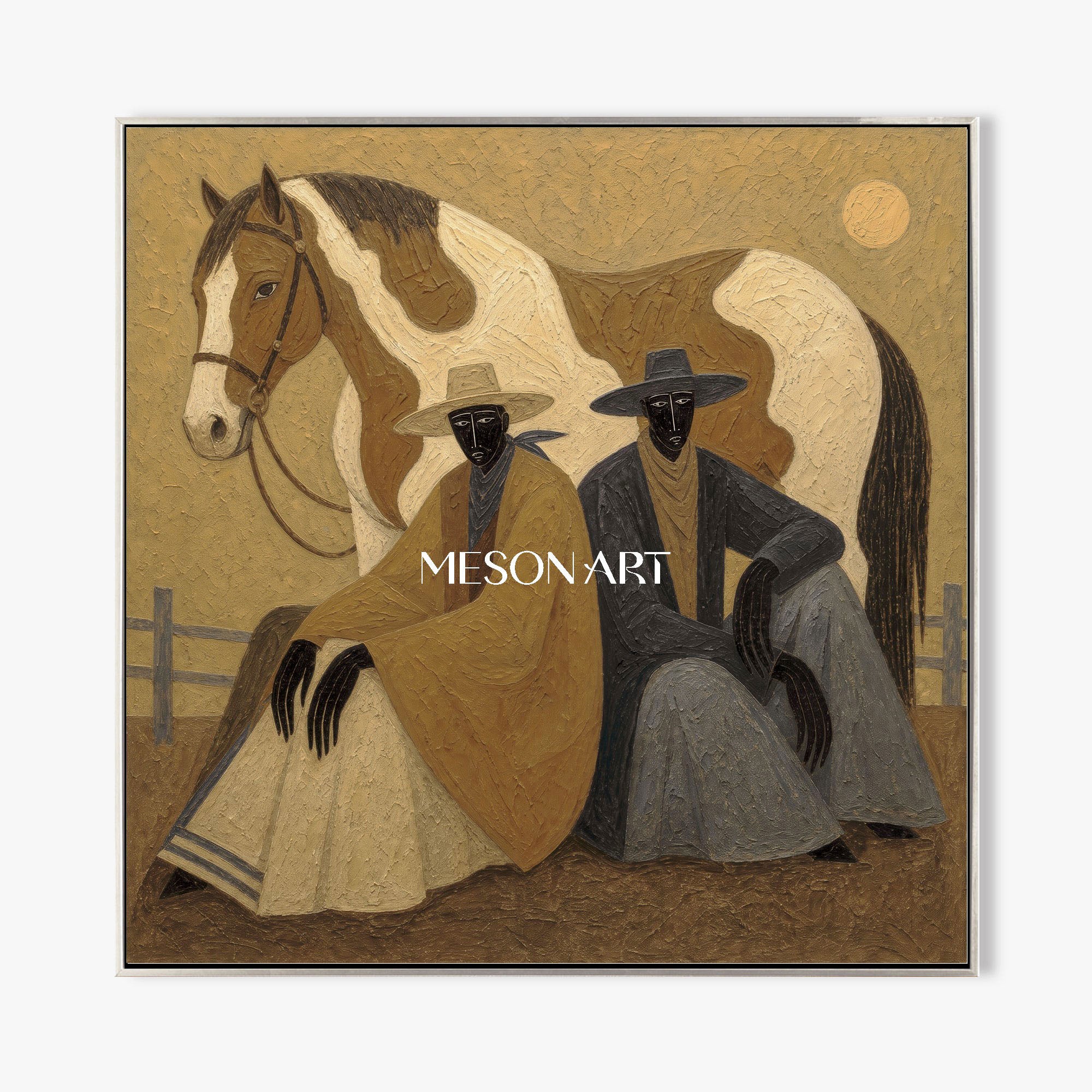 Earthy Textured Cowboy And Horse Painting For Modern Farmhouse Living Room Decor