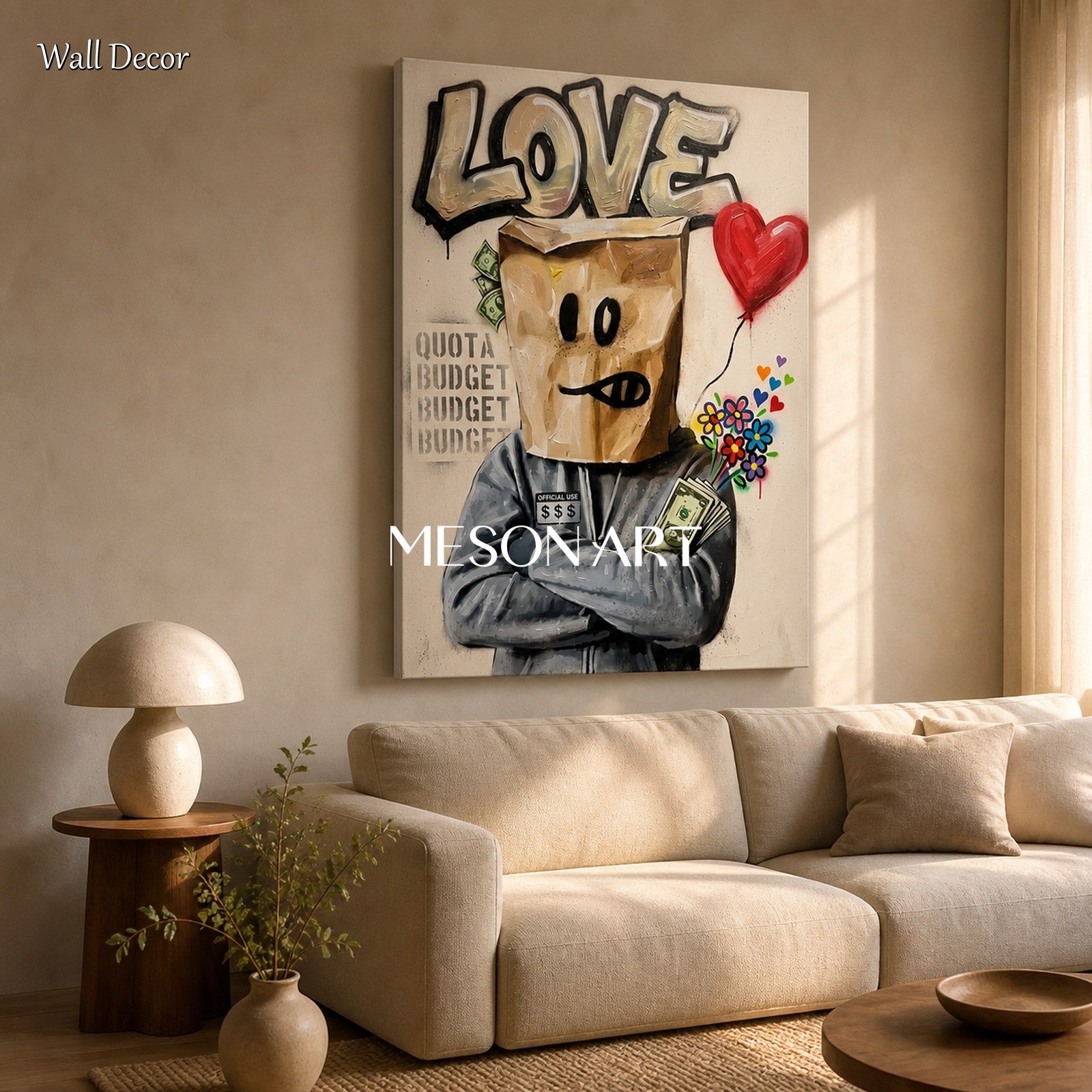Beige And Black Abstract Graffiti Art Rectangular Canvas Painting Original Artist Hand Painted By Mesonart