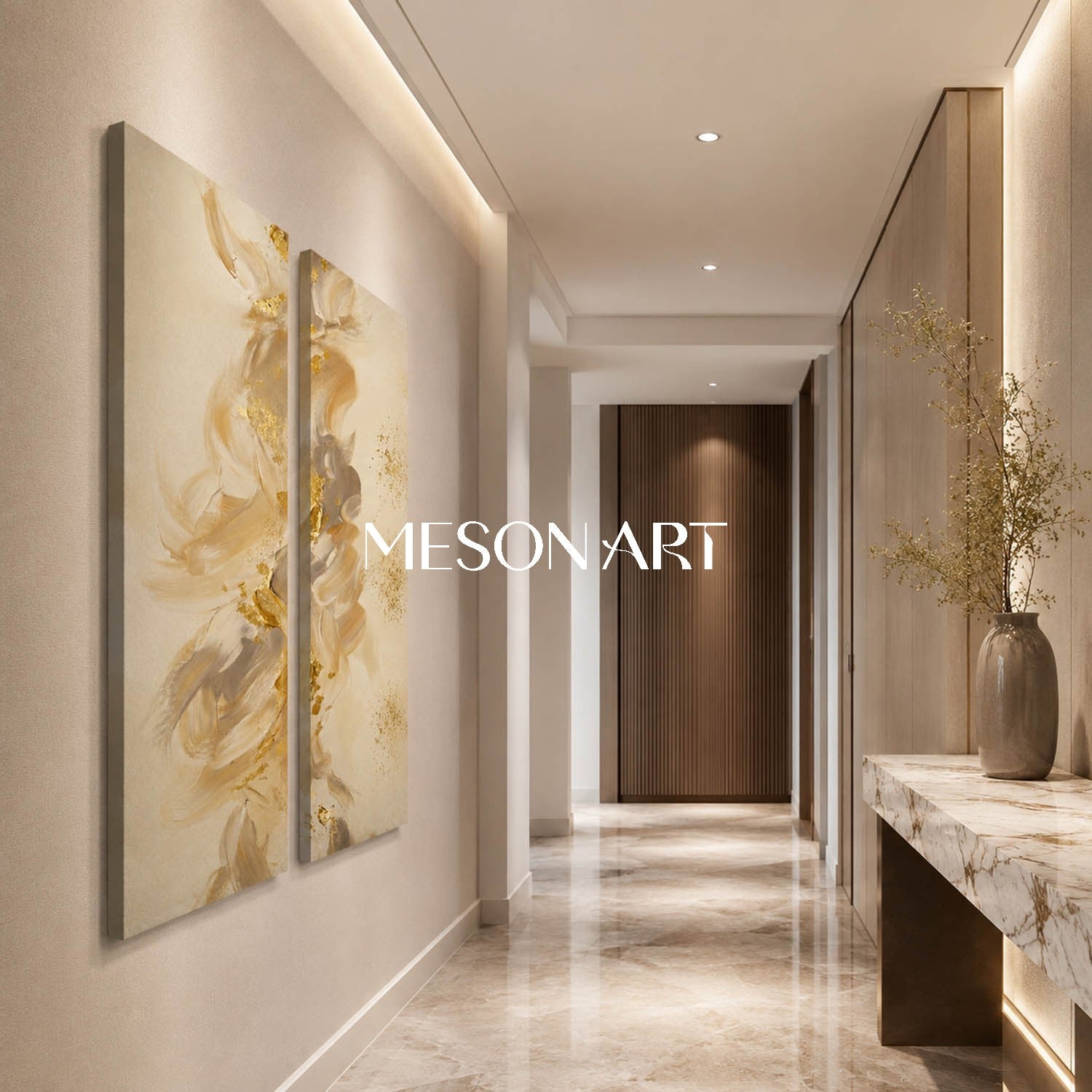 Luxury Gold Leaf Abstract Diptych Beige Textured Oil Painting For Living Room
