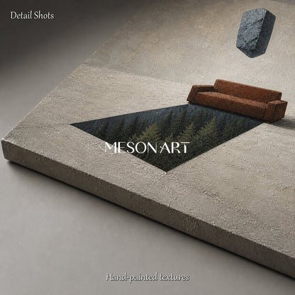 Surreal Abstract Painting With Floating Stone And Forest Void For Industrial Loft Living Room Decor