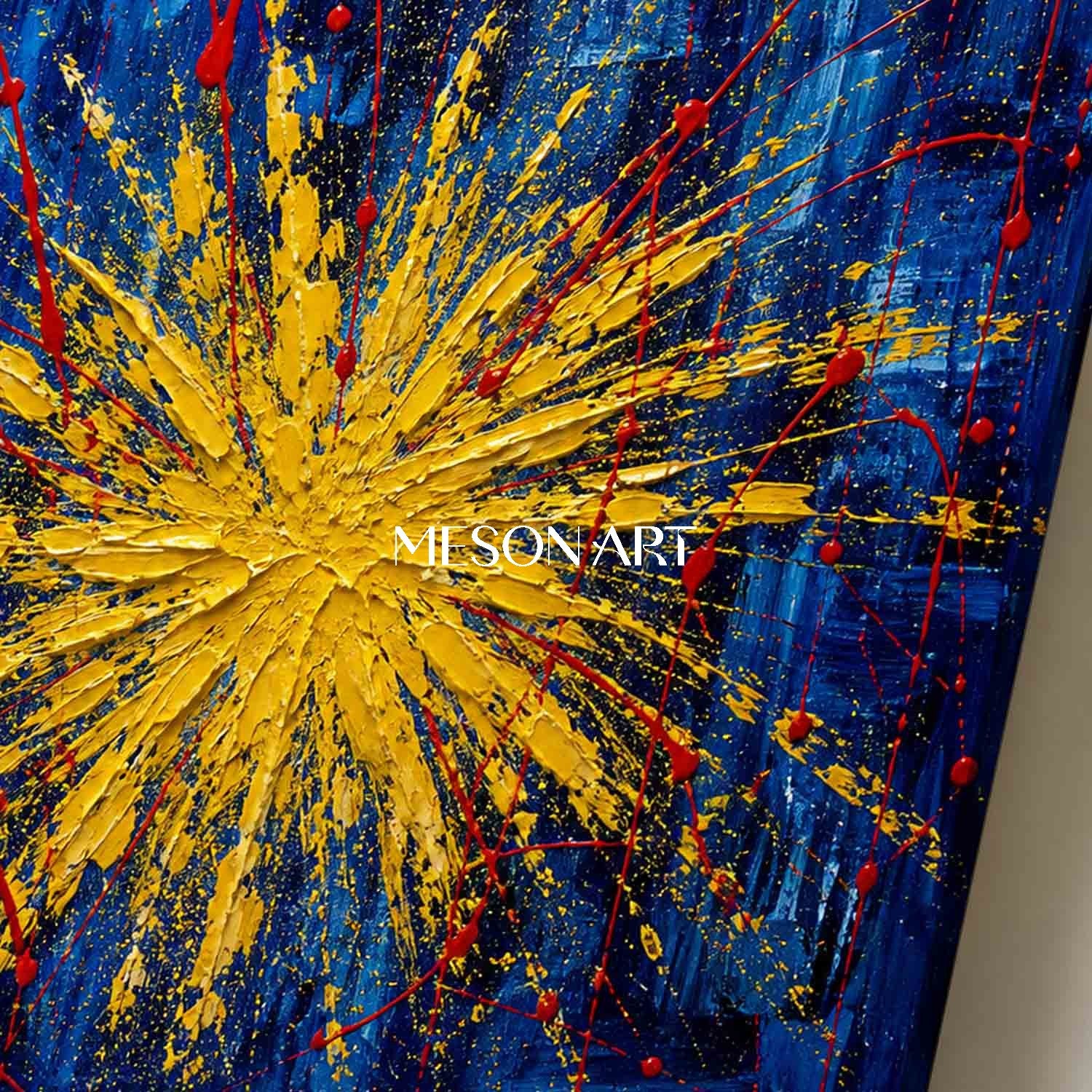 Blue And Gold Abstract Painting With Textured Relief For Modern