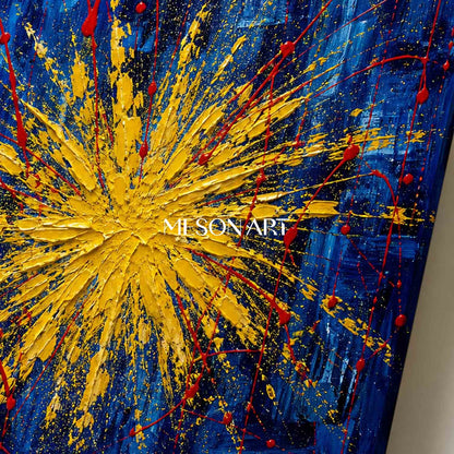 Blue And Gold Abstract Painting With Textured Relief For Modern Living Room Decor