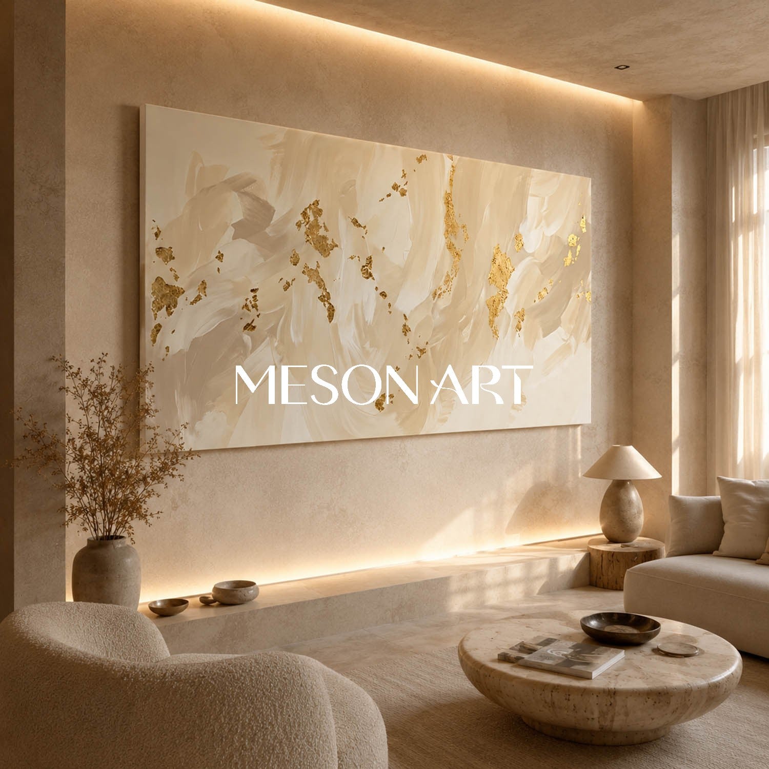 Luxury Minimalist Abstract Art With Gold Leaf Accents For Modern Living Room Decor