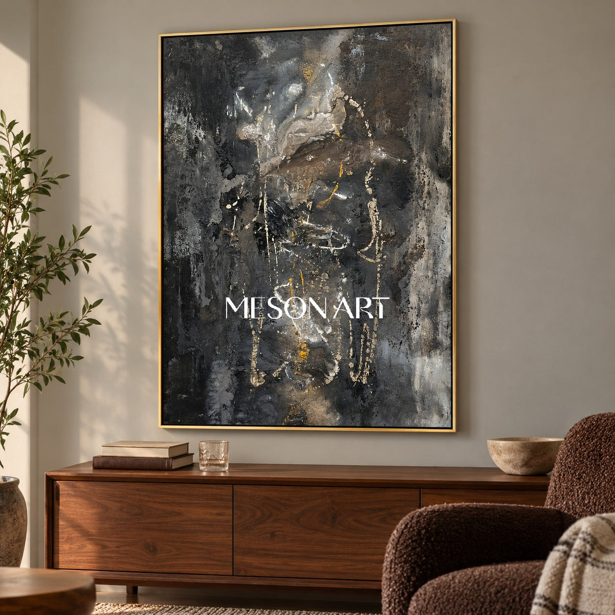 Black And Gold Abstract Painting Modern Textured Wall Art For Living Room Rectangular Canvas By Mesonart