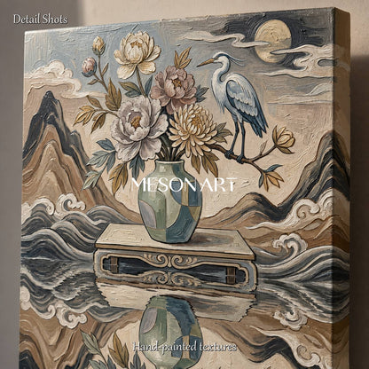 Elegant Chinoiserie Floral And Bird Art Print With Heron For Living Room Decor