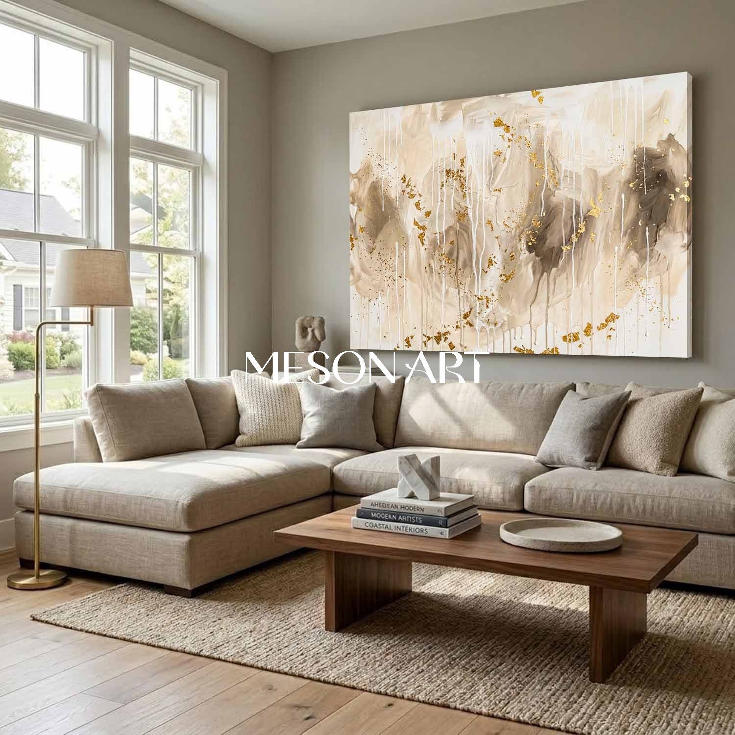 Gilded Abstract Painting With Gold Leaf And Fluid Drips For Luxury Home Decor