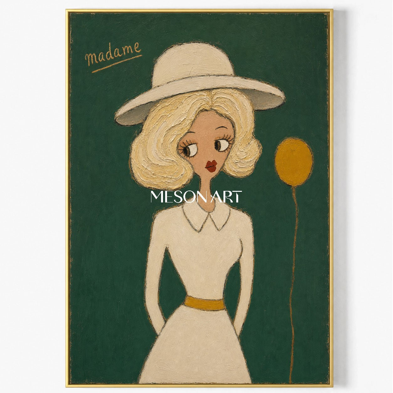 Elegant Fashion Lady Portrait Painting In Green And Gold For Bedroom Decor