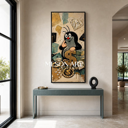Cartoon Mole Graffiti Art With Gold Dollar Signs For Modern Living Room Decor