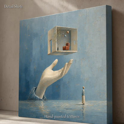 Surrealist Abstract Painting With Giant Hand And Floating Room In Blue Beige Tones