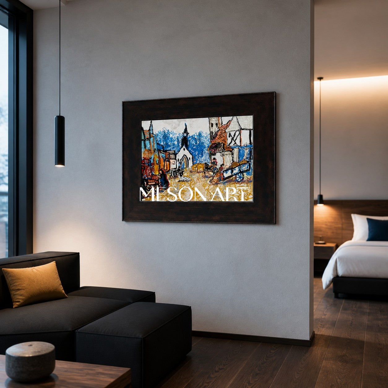 Abstract Modern Landscape Painting With Blue And Ochre Tones For Living Room Decor