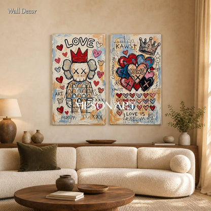 Urban Graffiti Art With Bold Hearts And Pop Icons For Modern Living Room Decor