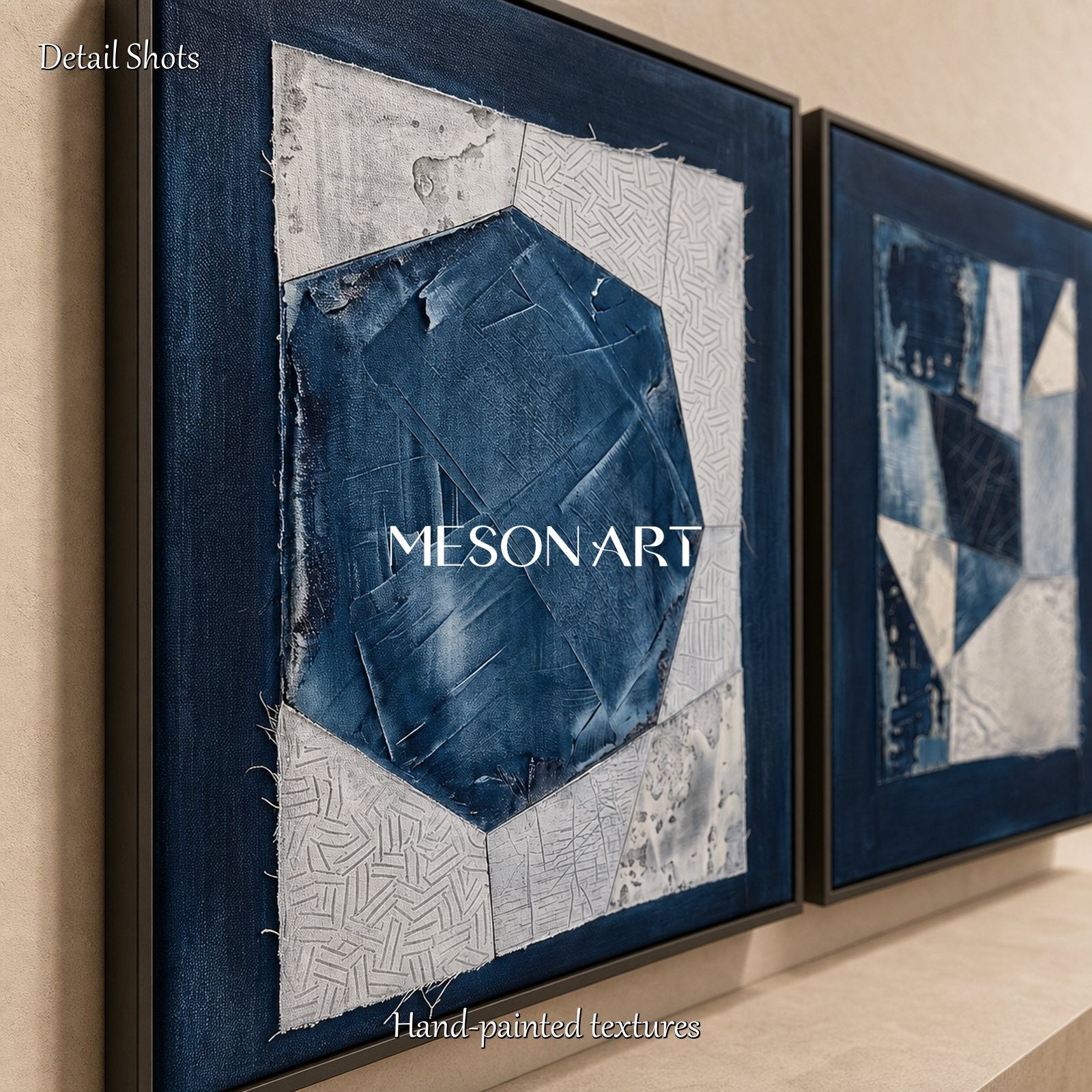 Blue And White Abstract Art With Textured Relief For Modern Living Room Decor