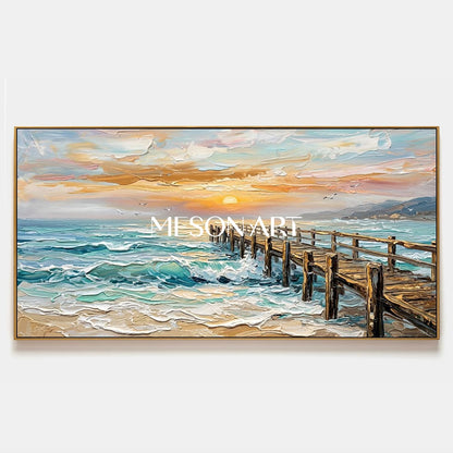 Luxury Golden Sunset Seascape Oil Painting With Textured Pier For Modern Living Room Wall Art