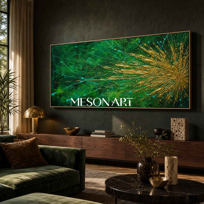 Emerald Green And Gold Pollock Abstract Painting For Modern Living Room Decor