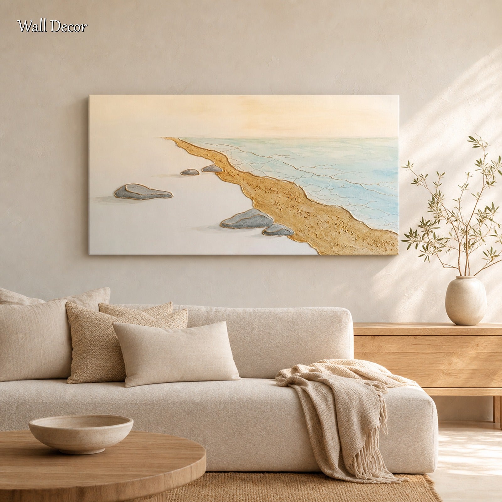 Large Gold Beige Ocean Wave Textured Painting For Modern Living Room Decor