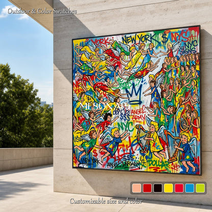 Yellow And Blue Graffiti Painting Banksy Style Square Wall Art For Living Room By Mesonart