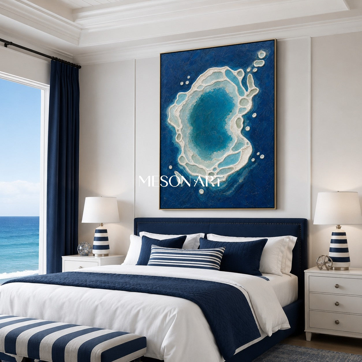 Azure Lagoon Circle Textured Blue And White Ocean Art For Living Room