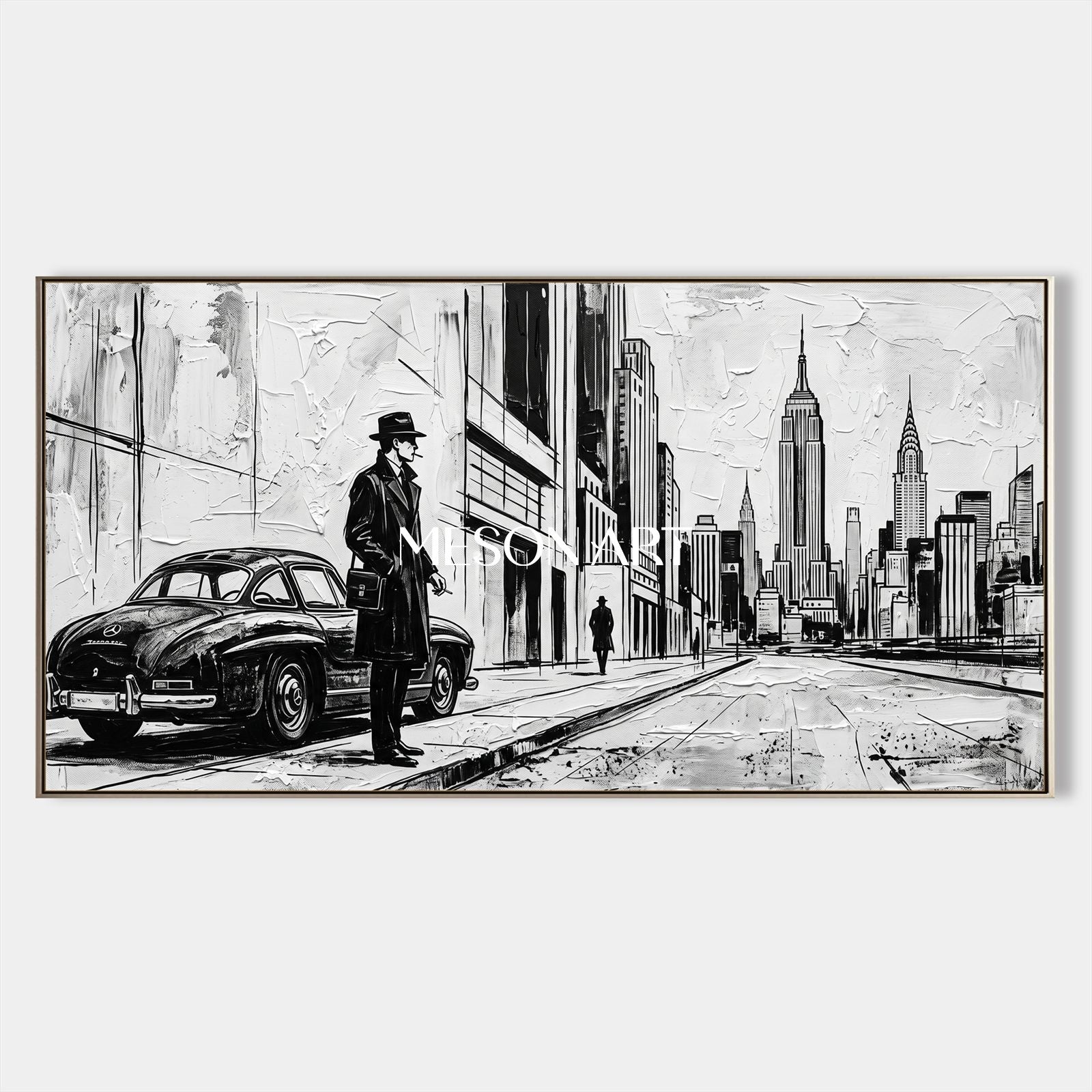 Black And White Contemporary Cityscape Painting Panoramic Wall Art Original Artist Hand Painted By Mesonart