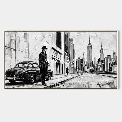 Black And White Contemporary Cityscape Painting Panoramic Wall Art Original Artist Hand Painted By Mesonart