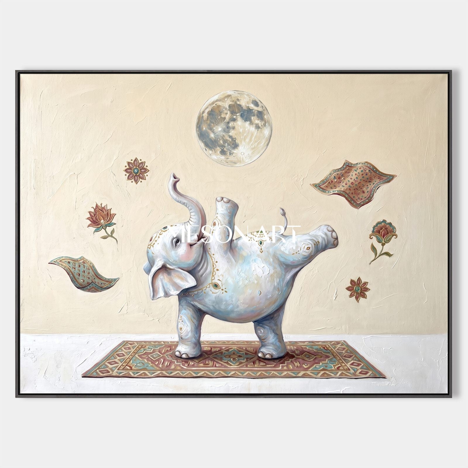 Beige And White Yoga Elephant Original Art Rectangular Wall Decor For Living Room By Mesonart