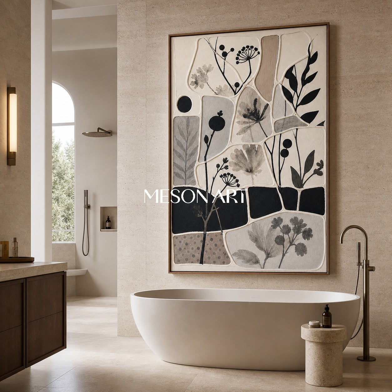 Monochrome Botanical Collage Art With Textured Relief For Wabi-Sabi Home Decor