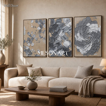 Handmade Textured Abstract Triptych Painting In Brown And Gray For Modern Living Room Decor