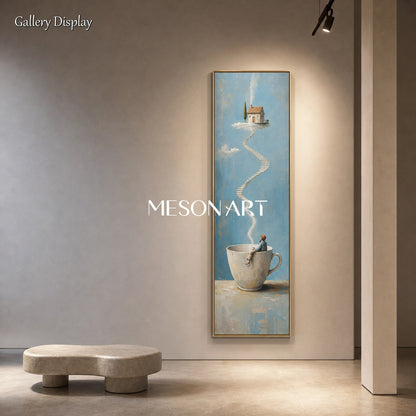 Surrealist Teacup Stairway Art For Modern Living Room Decor With Dreamy Blue Tones