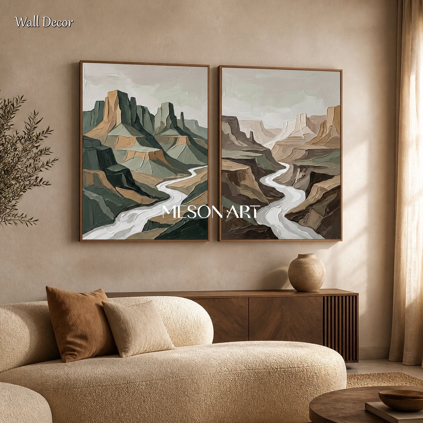 Green And Brown Modern Landscape Painting Rectangular Wall Art Contemporary Luxury Artwork By Mesonart