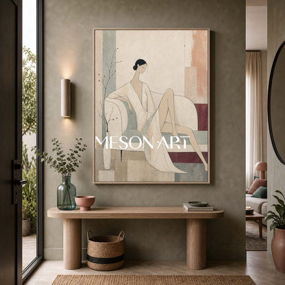Minimalist Female Portrait Art In Beige And Gray Tones For Contemporary Home Decor