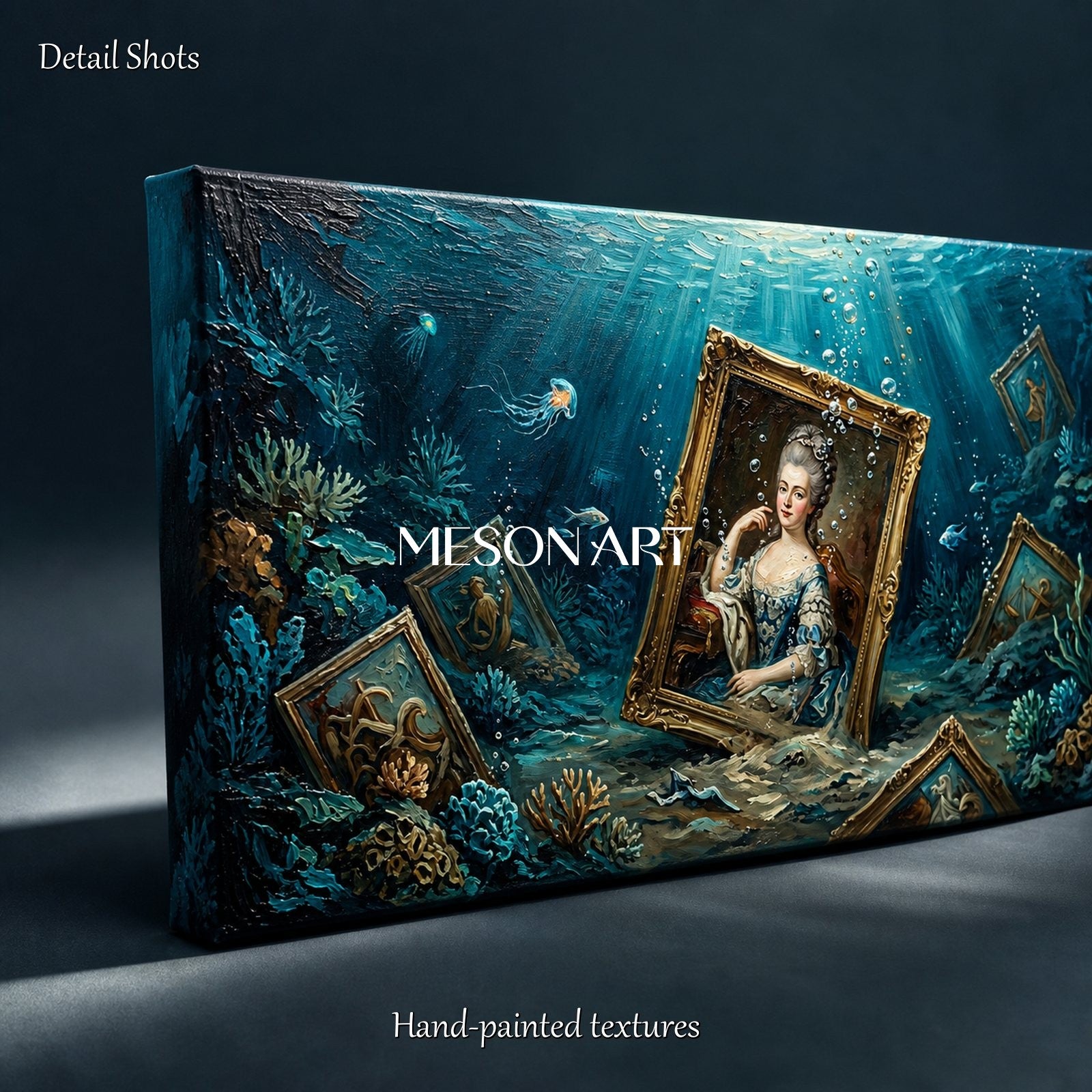 Blue And Gold Surrealism Figurative Art Panoramic Wall Decor Original Artist Hand Painted By Mesonart