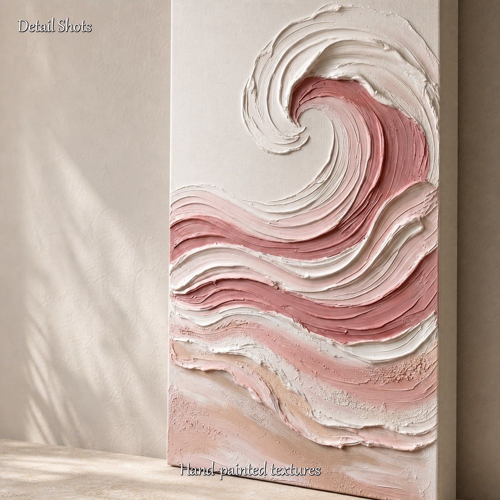 Pink Ocean Wave Textured Art With Gold Frame For Modern Bedroom Decor