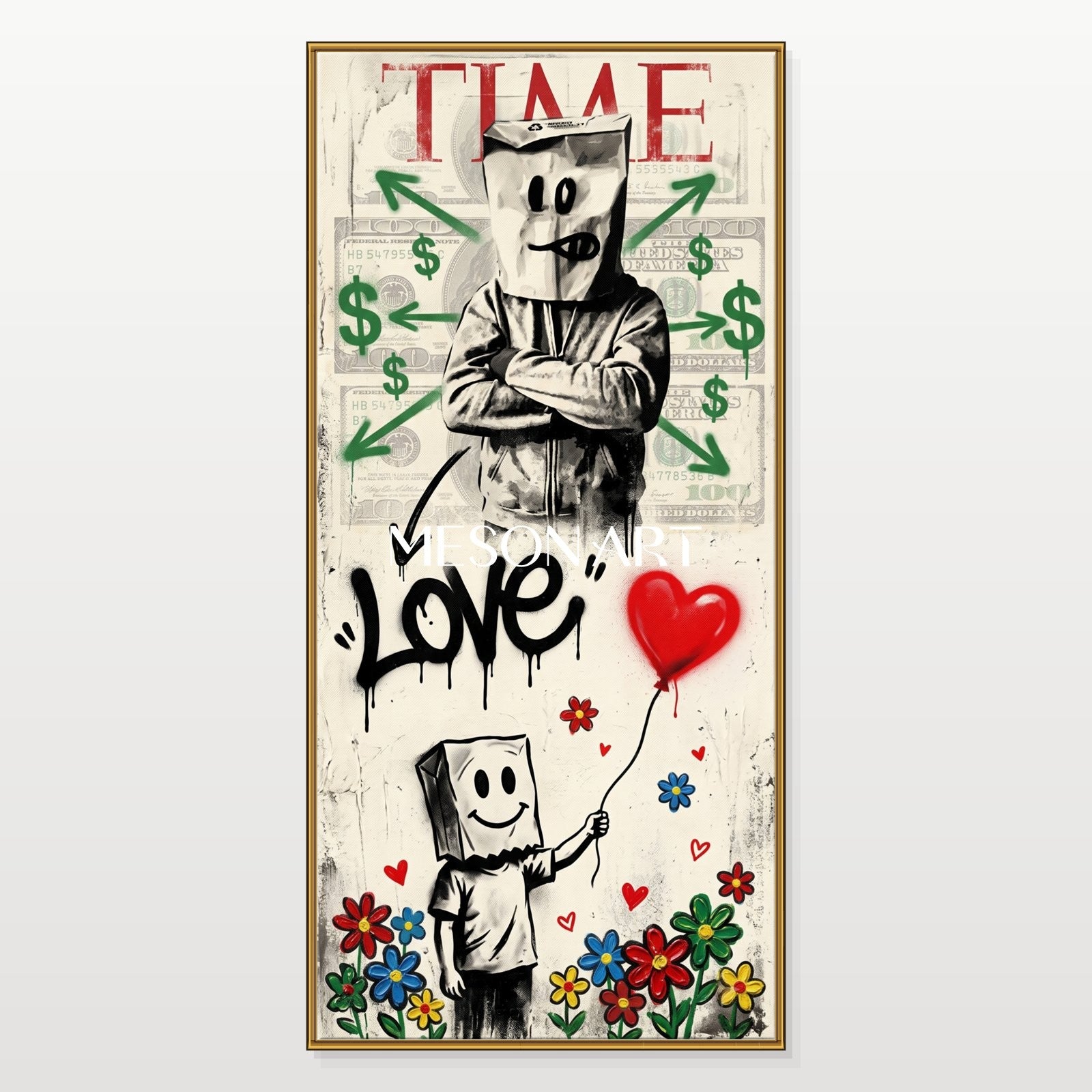 Black And Red Graffiti Love Art Large Banksy Style Painting Panoramic Wall Decor For Living Room By Mesonart