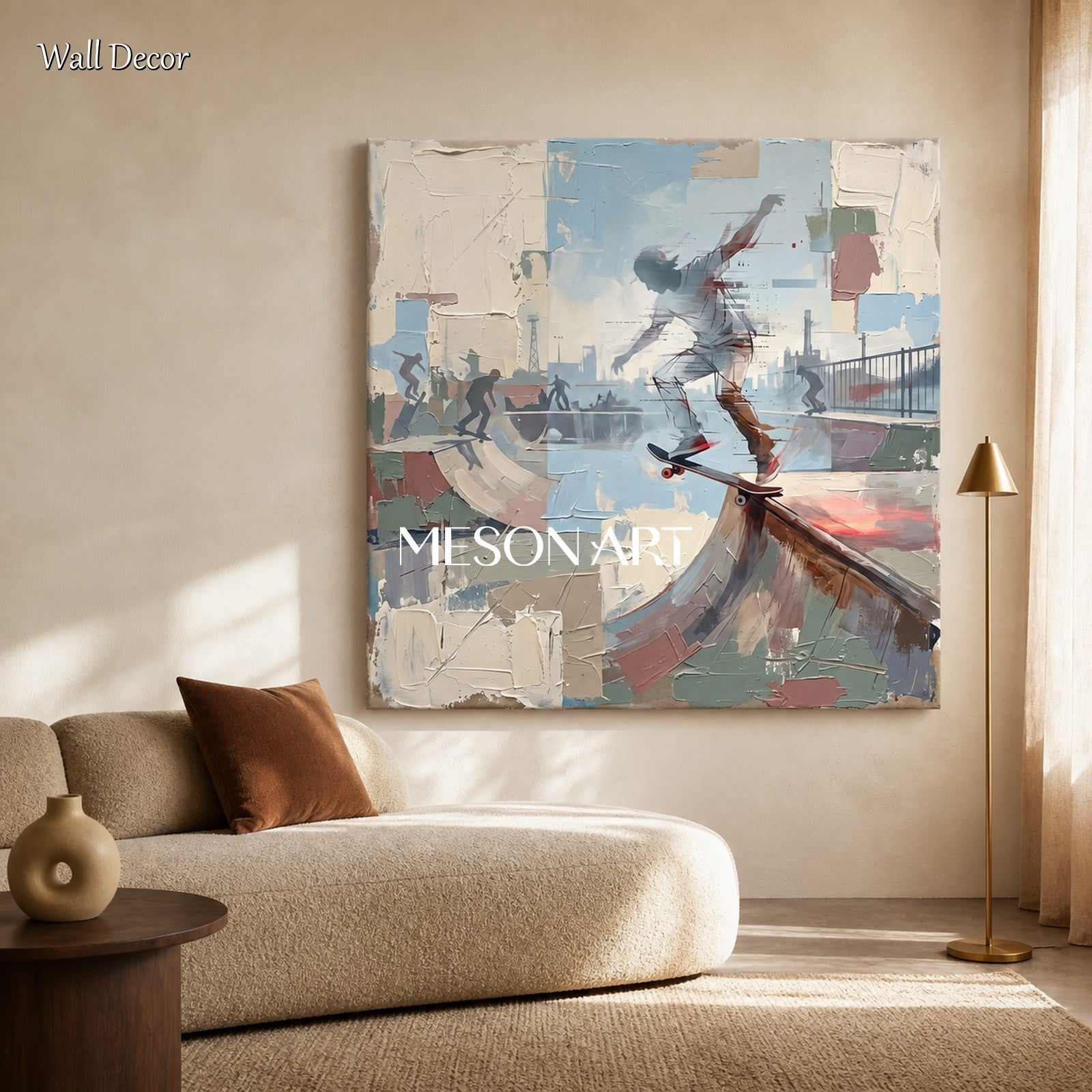 Beige And Blue Contemporary Sports Art Modern Figurative Painting Square Wall Decor By Mesonart