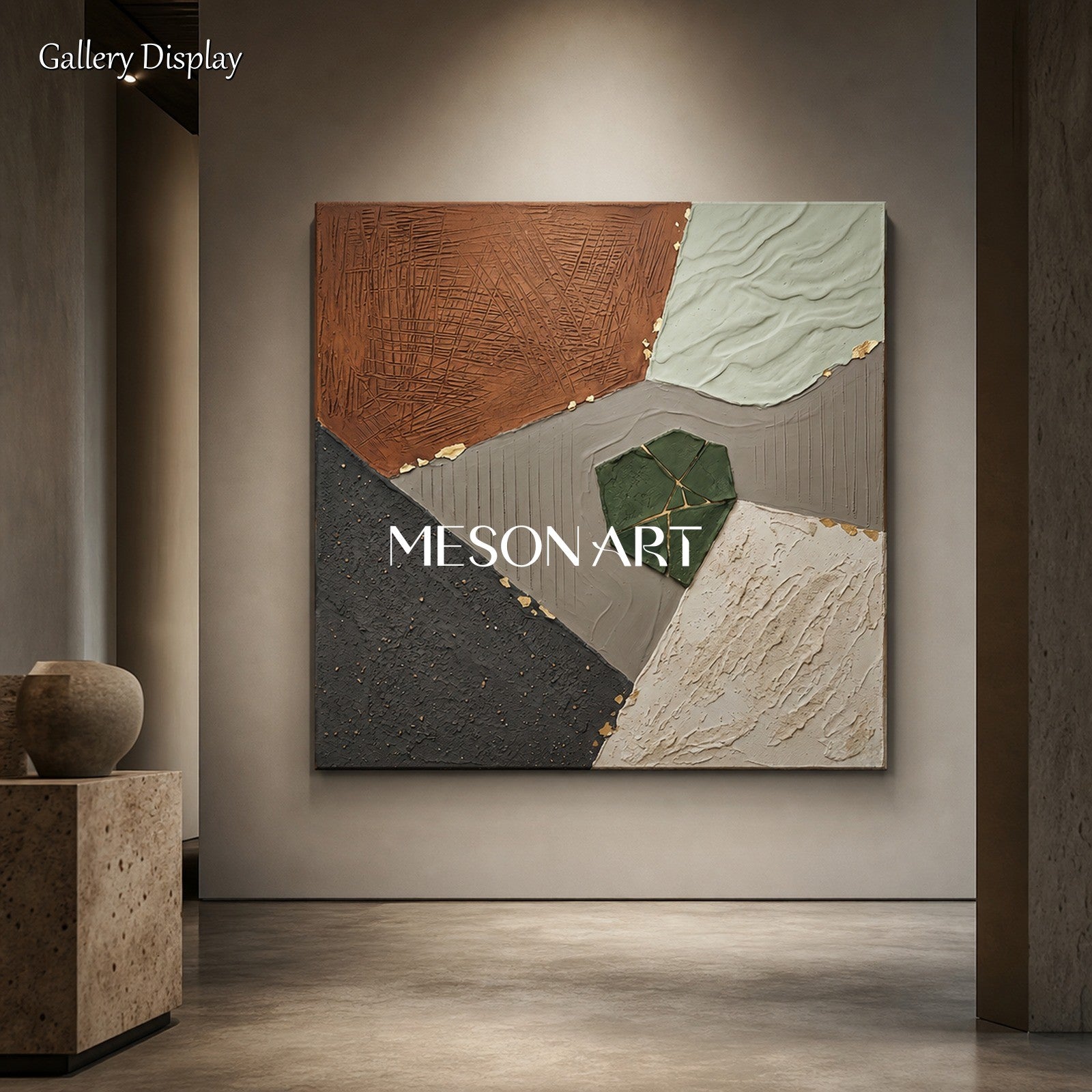 Brown Minimalist Abstract Painting With Gold Texture For Modern Living Room Decor