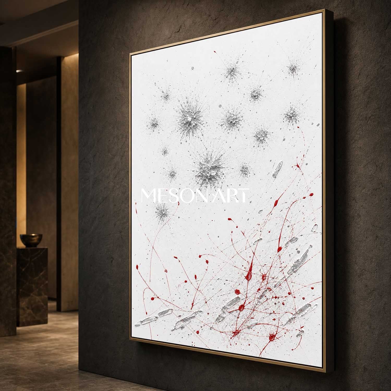 Original Silver Red Pollock Style Oil Painting On Linen Canvas For Modern Living Room Decor