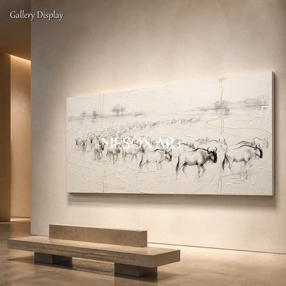 Beige And Black Wildebeest Minimalist Painting Original Artist Panoramic Wall Art For Living Room By Mesonart
