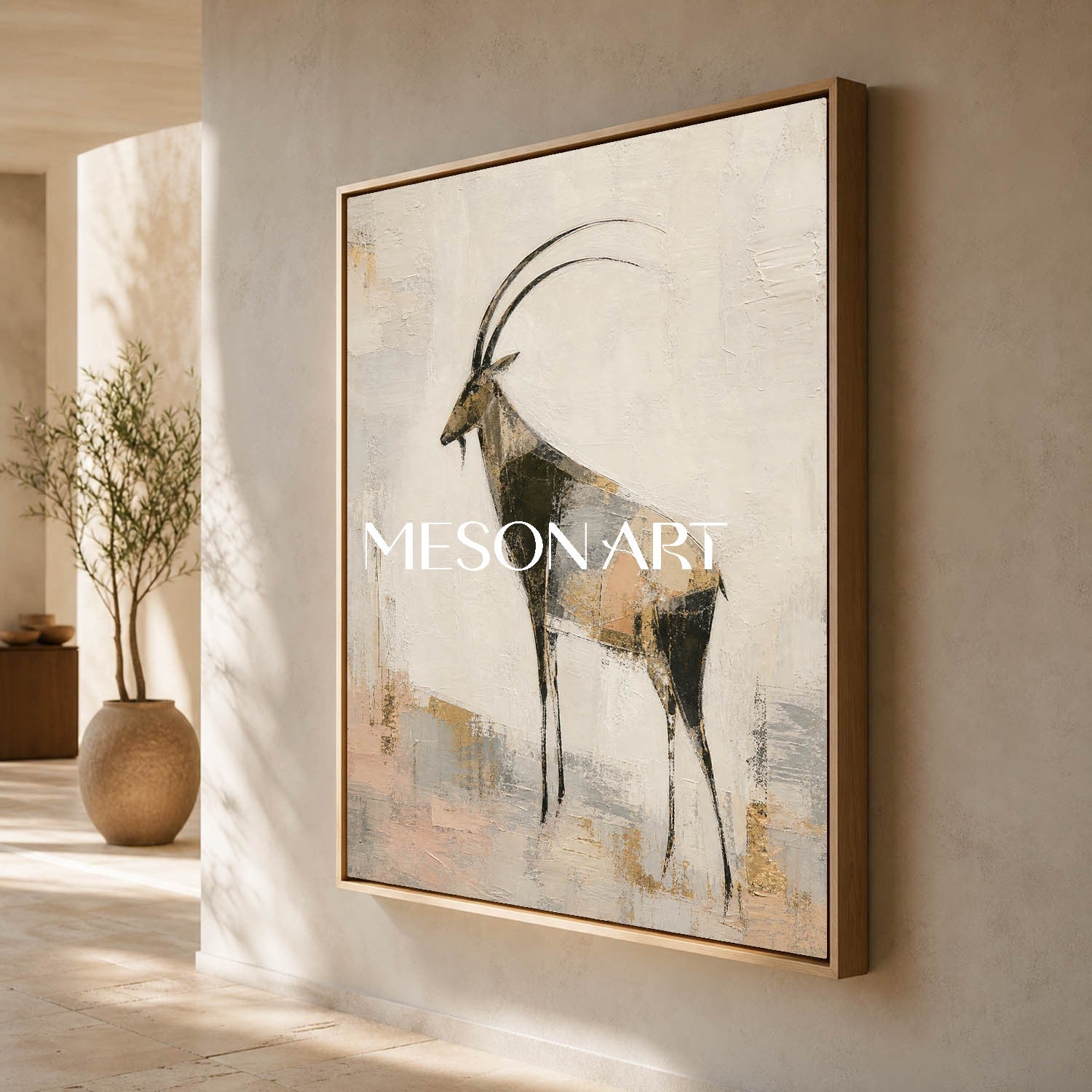 Abstract Antelope Wall Art Gold Beige Modern Animal Painting For Living Room Decor