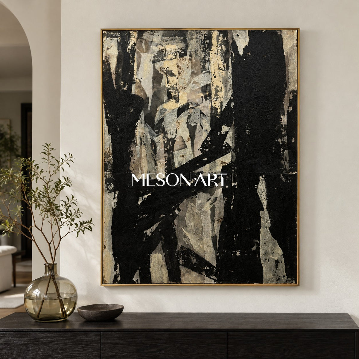 Black And Gold Abstract Art Original Painting Textured Modern Wall Art For Living Room By Mesonart