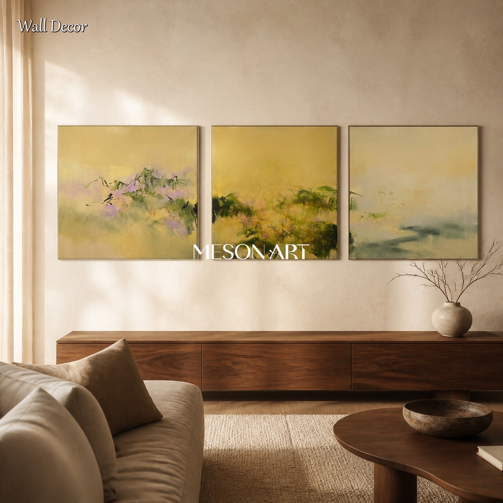 Gold And Green Abstract Contemporary Painting Modern Landscape Square Wall Art Original Artist By Mesonart