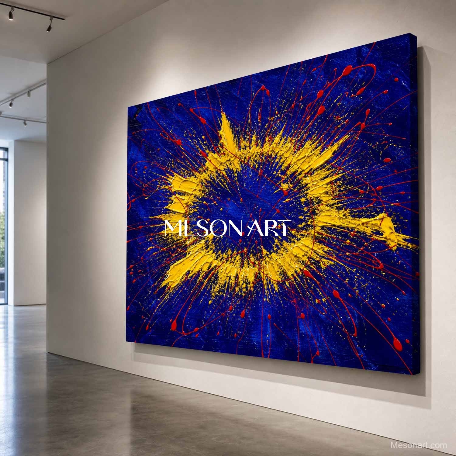 Blue Yellow Abstract Explosion Painting Original Art For Modern Living Room Entryway Decor