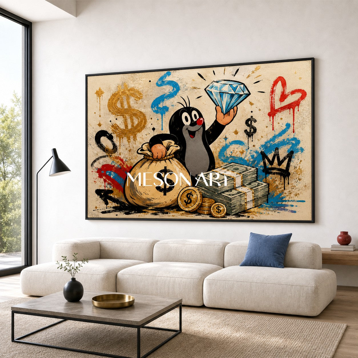 Playful Mole Graffiti Art With Dollar Signs For Modern Living Room Decor